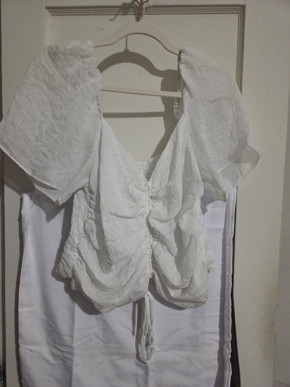 Wayf White Ruched Puff-Sleeve Crop Top